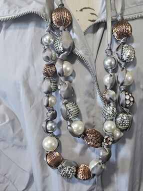 Chicos Elegant Silver and Rose Gold Beaded Satin Necklace - Women Jewelry